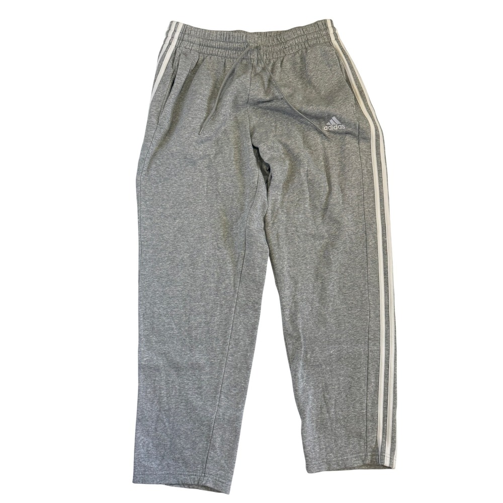 Adidas Mens Sz Large Grey Essentials 3-Stripes Open Hem Fleece Sweatpants